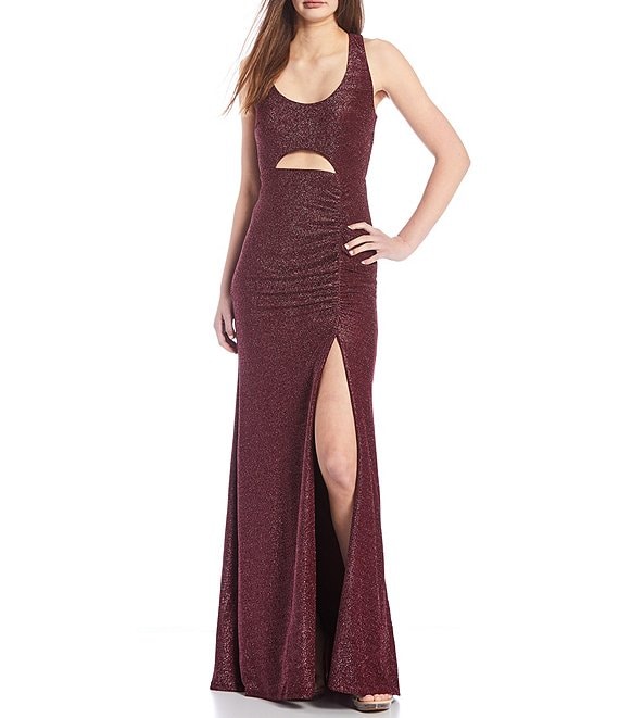 Color:Berry - Image 1 - Sleeveless Scoop Neck Cut-Out-Detail Metallic Glitter Knit Ruched Long Gown