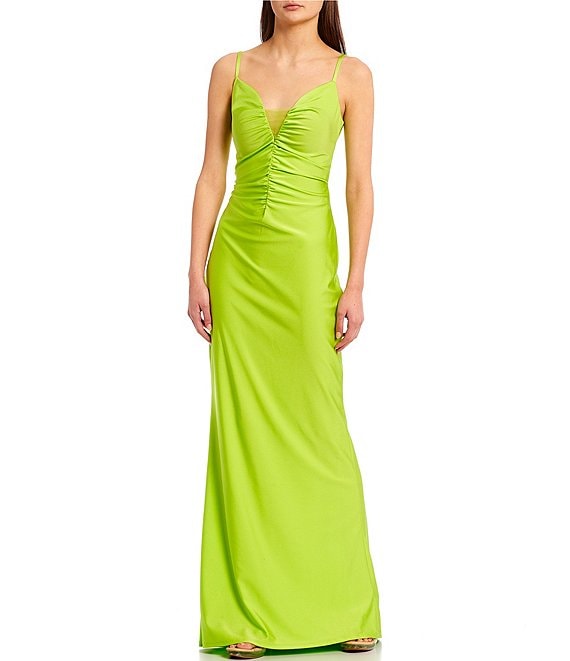 Color:Lime - Image 1 - Spaghetti Strap Illusion Deep V-Neck Ruched Cut Out Back Long Dress