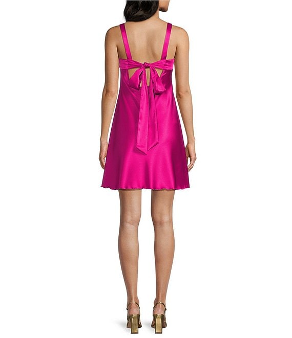Jump Stretch Satin Bow Back Mini Homecoming Dress, Womens, XS, Hot Pink