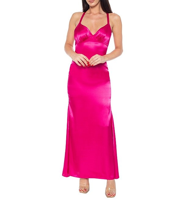 Jump V-Neck Charmeuse Bias Gown Tie Back Dress