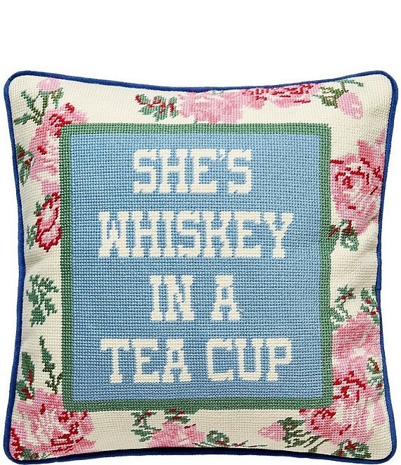 Junk Gypsy Whiskey In Tea Cup Needlepoint Embroidered Square Pillow