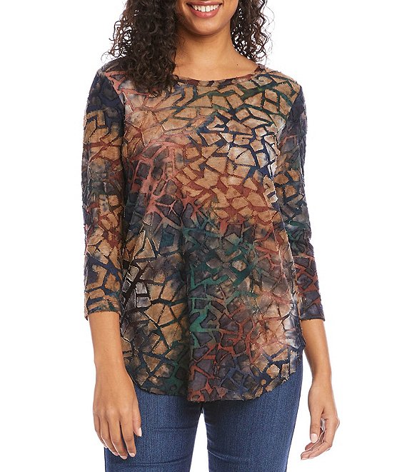 Karen Kane Autumn Jacquard Burnout Tie Dye Crew Neck 3/4 Sleeve ...