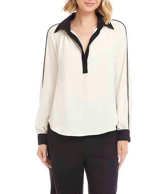 Karen Kane Colorblock Edge Stitch Split Collar Long Sleeve Blouse, Cream/Black - Image 1