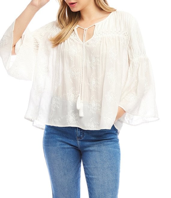 送料無料 通販  3/4 V-Neck Split Embroidered Kane Karen Flowy Sleeve Flare ニット/セーター