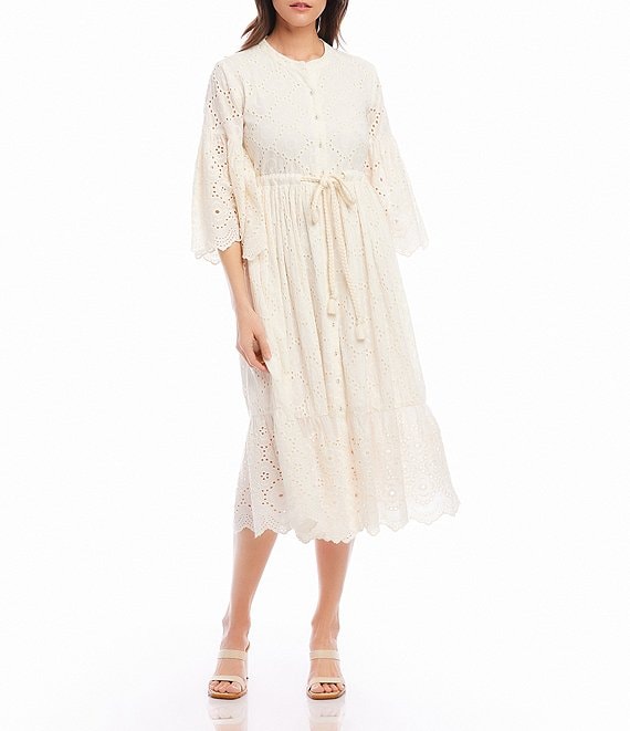 Karen Kane Eyelet Crew Neck 3/4 Sleeves Belted Button Front Midi Dress ...