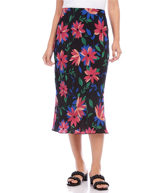 Karen Kane Floral Print Silky Crepe Mid Rise Bright Bias Cut Midi Skirt ...