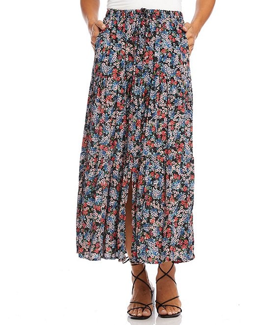 Color:Floral - Image 1 - Floral Print Front Slit Tiered Maxi Skirt
