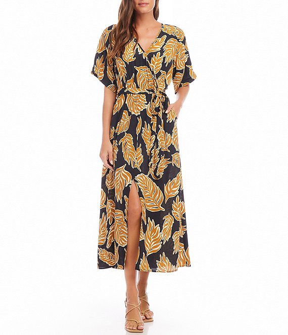 Karen Kane Gold Leaf Print Surplice V-Neck Short Sleeve A-Line Front ...