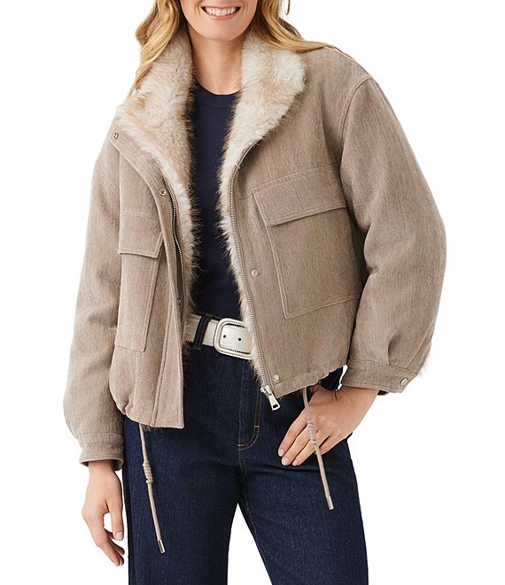 Karen Kane Herringbone Chenille Faux Fur Trim Shawl Collar Zip Front Bomber Jacket