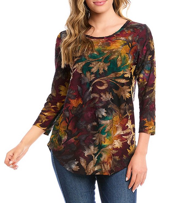 Karen Kane Jacquard Flower Tie Dye Round Neck 3/4 Sleeve Shirttail Hem ...