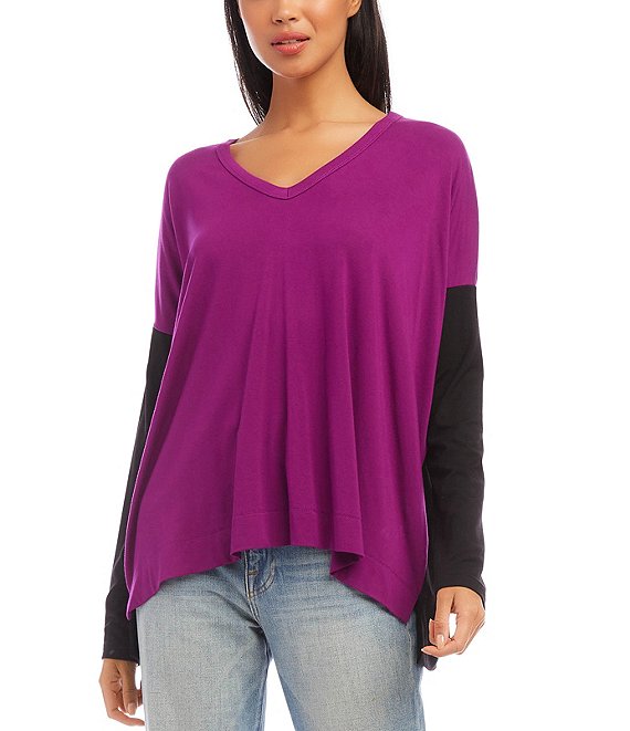 Karen Kane Jersey Knit Colorblock V-Neck Long Sleeve Loose Fit Shirt ...