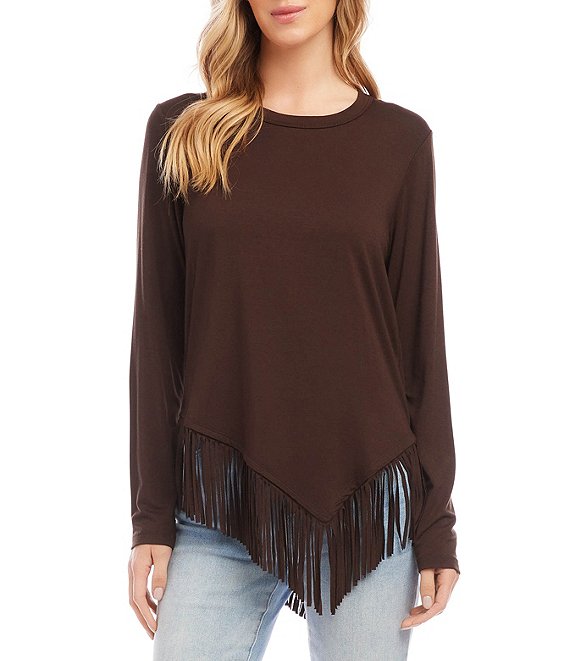 Karen Kane Jersey Knit Crew Neck Long Sleeve Asymmetric Fringe Hem Top