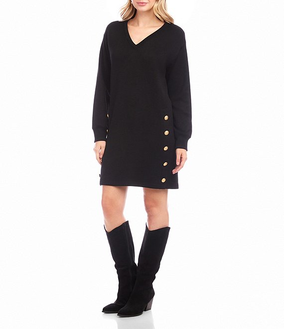Karen Kane Knit Long Sleeve V-Neck Button Detail Dress, Black - Image 1