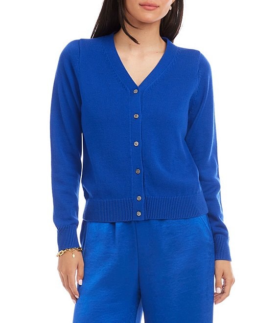 Karen Kane Knit V-Neck Long Sleeve Button Front Cardigan, Sapphire Blue - Image 1