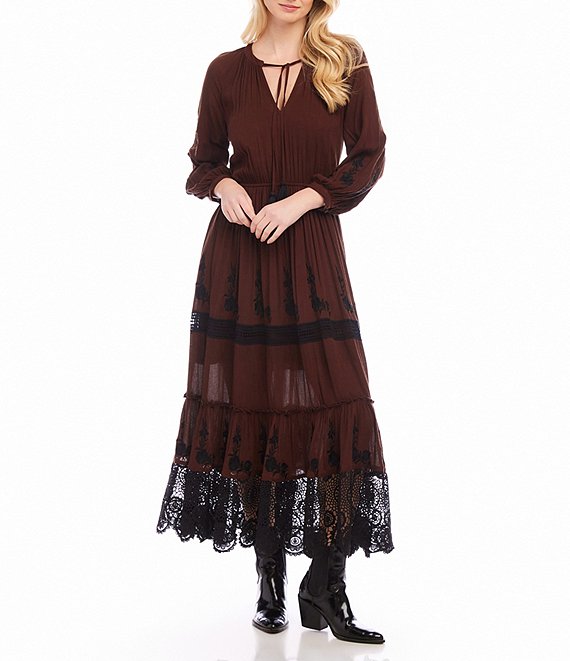 Karen Kane Lace V Neck Long Sleeve Maxi Dress