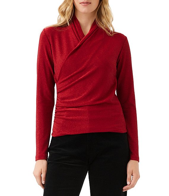 Karen Kane Metallic Knit Crossover Neck Long Sleeve Side-Shirred Top