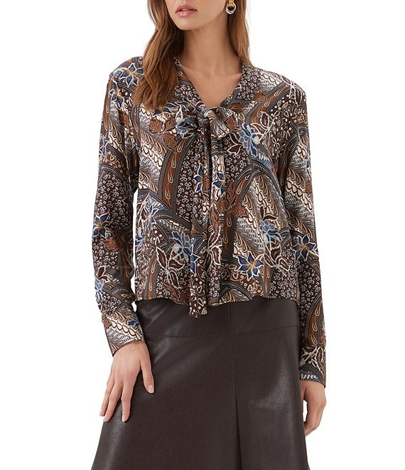 Karen Kane Patchwork Twill Bow Neck Long Sleeve Top