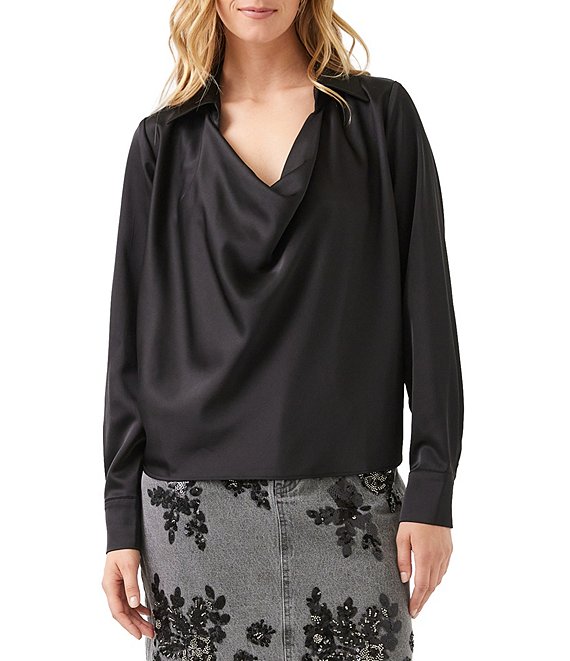 Karen Kane Petite Size Coordinating Satin Collared Draped Cowl Neck Long Sleeve Blouse