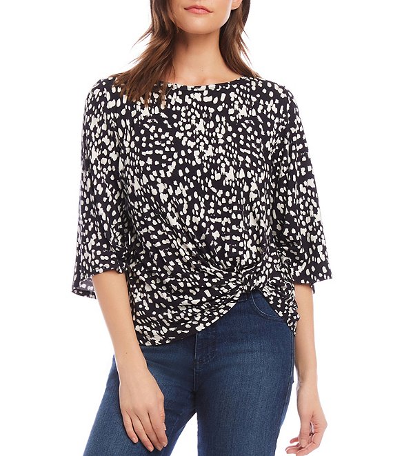 Karen Kane Petite Size Dotted Print Boat Neck 3/4 Flare Sleeve Twist ...