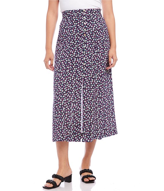 Karen Kane Petite Size Floral Print Woven Button Front A-Line Midi Skirt