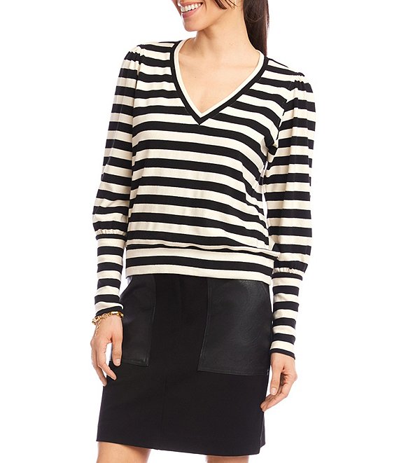 Karen Kane Petite Size Stripe Bishop Sleeve V-Neck Top, Black/Cream - Image 1