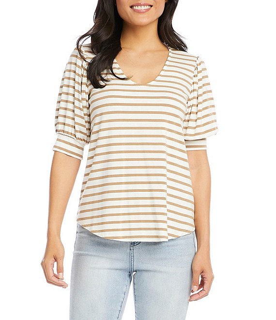Color:Stripe - Image 1 - Petite Size Stripe Print Knit Shirred V-Neck 3/4 Sleeve Shirt