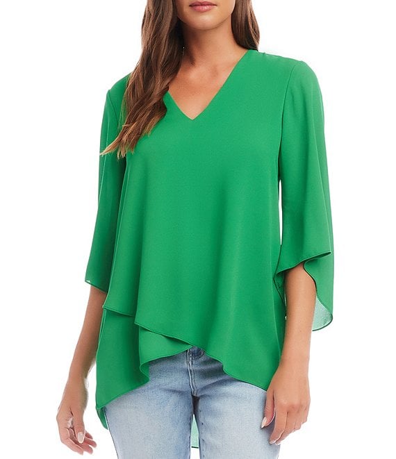 Karen Kane Petite Size V-Neck 3/4 Sleeve Crossover Hem Silky Crepe Top ...