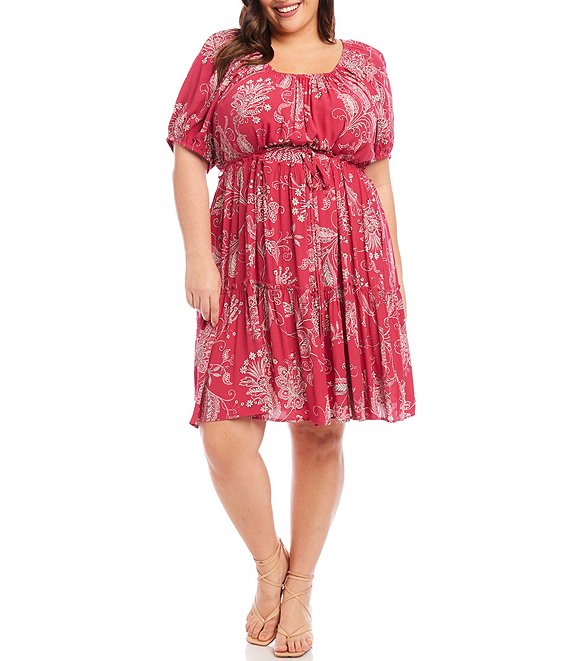 Karen Kane Plus Size Charming Scarf Print Scoop Neck Short Puffed Sleeve  Tiered Dress