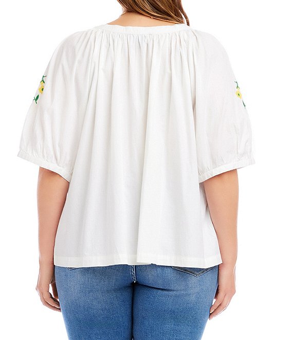 Karen Kane Plus Size Cotton Poplin Puff Sleeve Embroidered Peasant