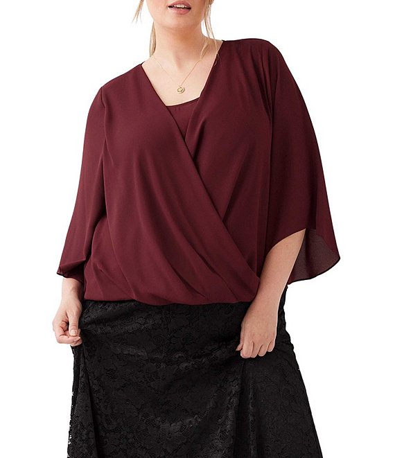 Karen Kane Plus Size Drape Front 3/4 Flared Sleeve Crossover Top