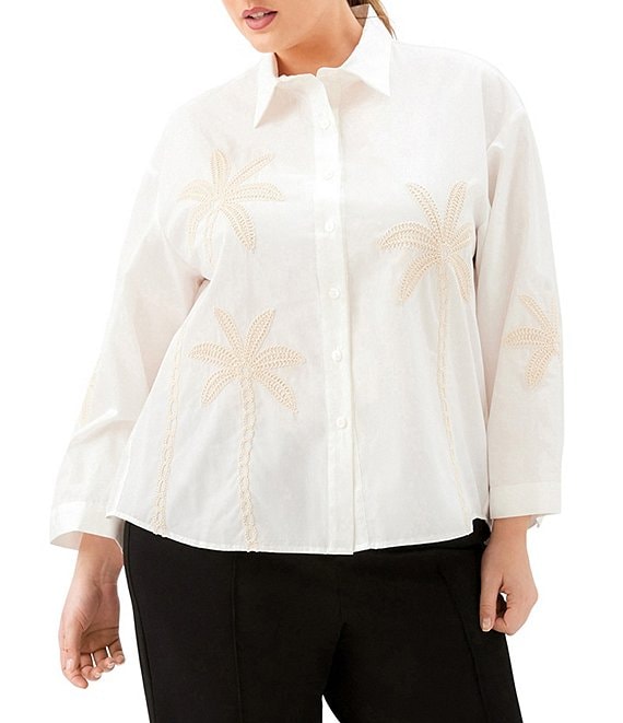 Karen Kane Plus Size Embroidered Palm Tree Button-Front Shirt