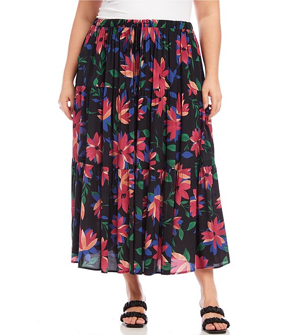 Color:Print - Image 1 - Plus Size Floral Print Tiered Midi Skirt