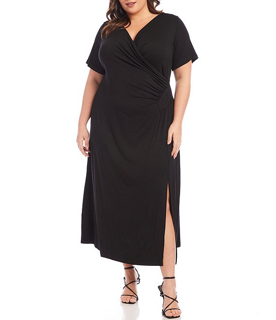 Karen Kane Plus Size Knit Jersey Surplice V Neck Short Sleeve Side Slit Faux Wrap Dress