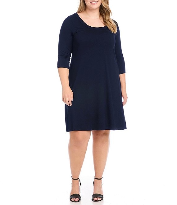 Color:Navy - Image 1 - Plus Size Little Black Dress Collection Scoop Neck 3/4 Sleeve A-Line Dress