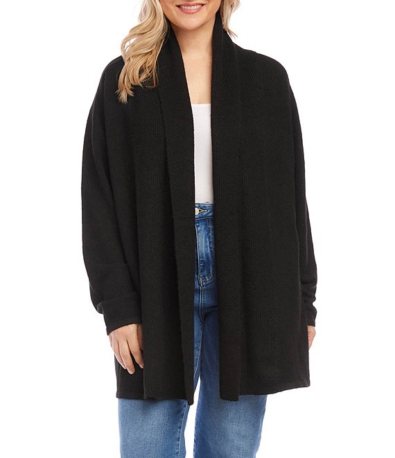 Color:Black - Image 1 - Plus Size Long Sleeve Open Front Soft Sweater Cardigan