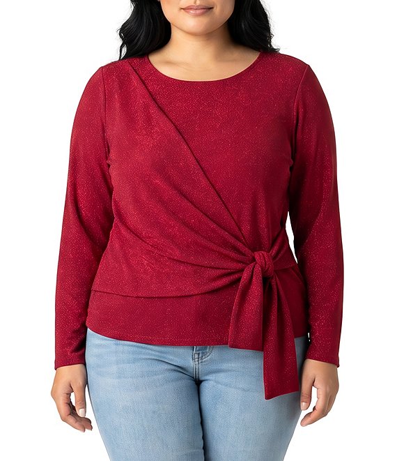 Karen Kane Plus Size Metallic Knit Crew Neck Long Sleeve Side Tie Crossover Top