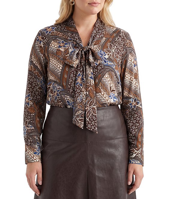 Karen Kane Plus Size Patchwork Twill Bow Neck Long Sleeve Top