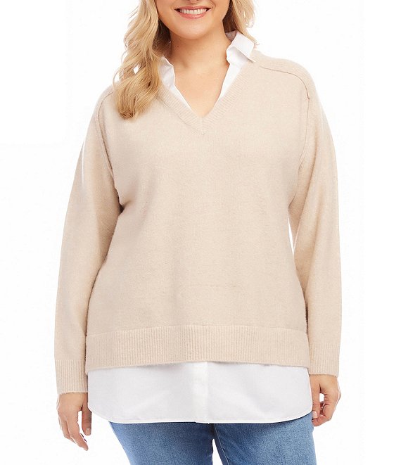 Color:Sand - Image 1 - Plus Size Point Collar V-Neck Twofer Sweater