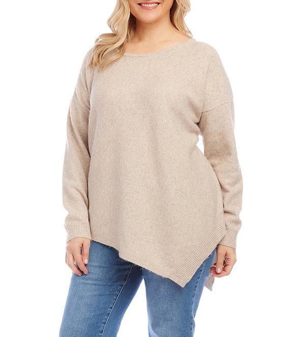 Karen Kane Plus Size Soft Sweater Knit Crew Neck Long Sleeve Asymmetrical Hem Sweater