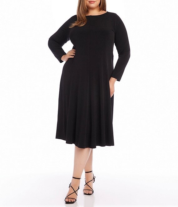 Karen Kane Plus Size Solid Jersey Knit Crew Neck Long Sleeve A-Line Midi Dress