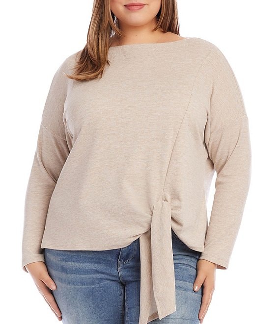 Karen Kane Plus Size Solid Knit Boat Neck Long Sleeve Tie-Front