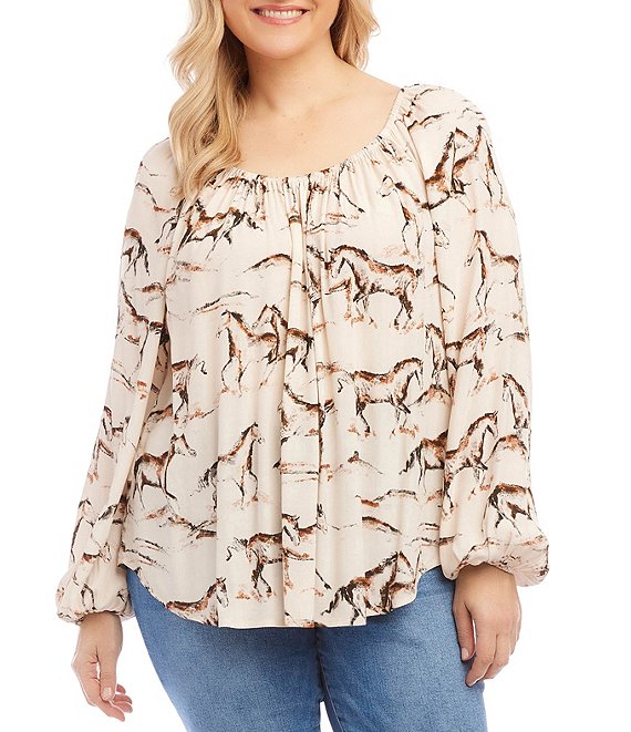 Karen Kane Plus Size Wild Horse Crepe Scoop Neck Blouson Sleeve Loose 