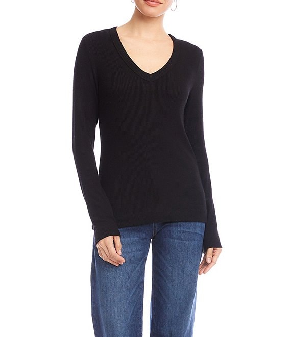 Karen Kane Ribbed Knit V- Neck Long Sleeve Top, Black - Image 1