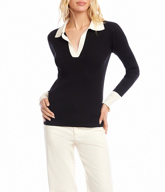 Karen Kane Ribbed Polo V-Neck Point Collar Long Sleeve Top