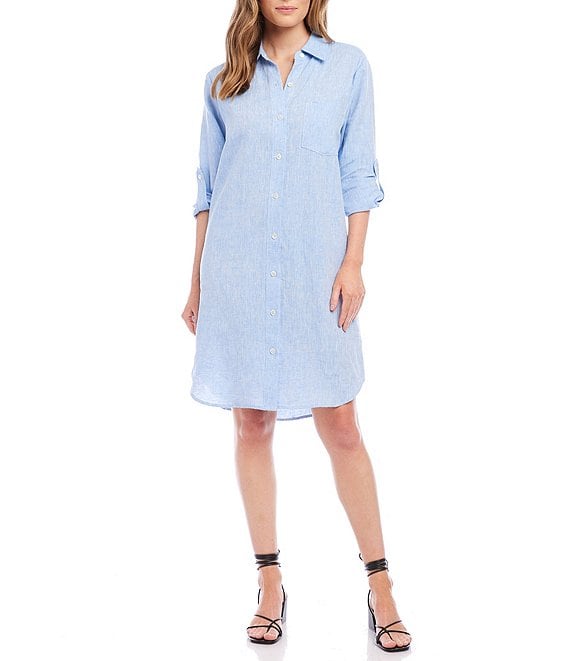 Karen Kane Roll-Tab Sleeve Chest Pocket Linen Shirt Dress | Dillard's