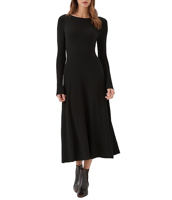 Karen Kane Seamless Knit Crew Neck Long Sleeve Midi Sweater A-Line Dress