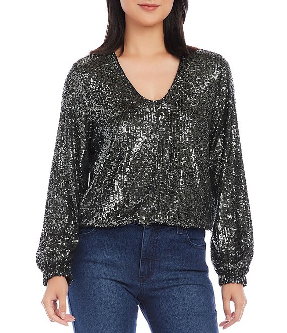 Karen Kane Sequin Mesh Knit V-Neck Blouson Sleeve Elastic Hem Blouse ...