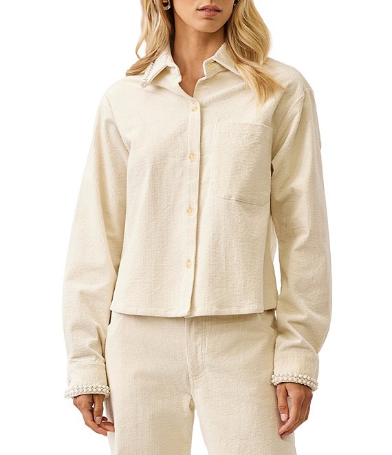 Karen Kane Soft Corduroy Peal Embellish Point Collar Long Sleeves Button Front Coordinating Top