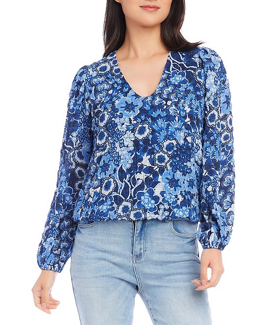 Karen Kane Soft Floral Print V-Neck Long Blouson Sleeve Top | Dillard's