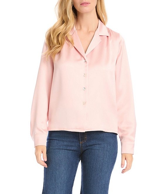 Color:Rose - Image 1 - Soft Shimmering Satin Notch Collar Long Sleeve Button Front Shirt